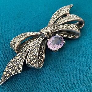 Vintage 925 Sterling Silver Amethyst Marcasite Bow Ribbon Heavy Brooch Pin